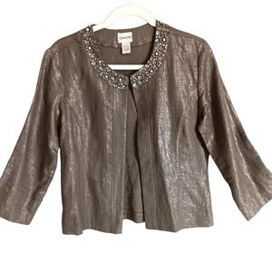 Chico's | Taupe Metallic 100% Linen Jewel-Embellished Cardigan Jacket